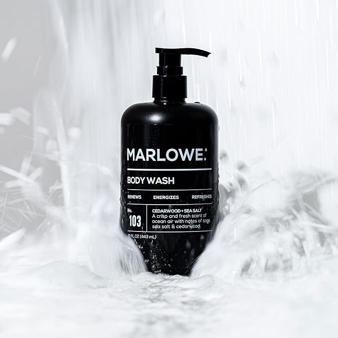 MARLOWE. No. 103 Body Wash 15 oz Pump, Cedarwood + Sea Salt, Energizing & Refreshing Shower Gel, Willow Bark & Green Tea Extracts, Cleanses, Moisturizes, Smooths & Nourishes, Fresh & Zesty Scent-Velvo Beauty