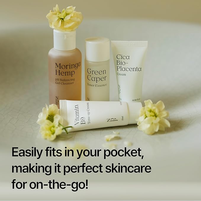 Travel Kit - Mini Travel Size Skincare Essentials - Moringa Hemp Gel Cleanser, Green Caper Toner Essence, Cica Bio-Placenta Cream, B9 Tone-Up Cream (4 items)-Velvo Beauty