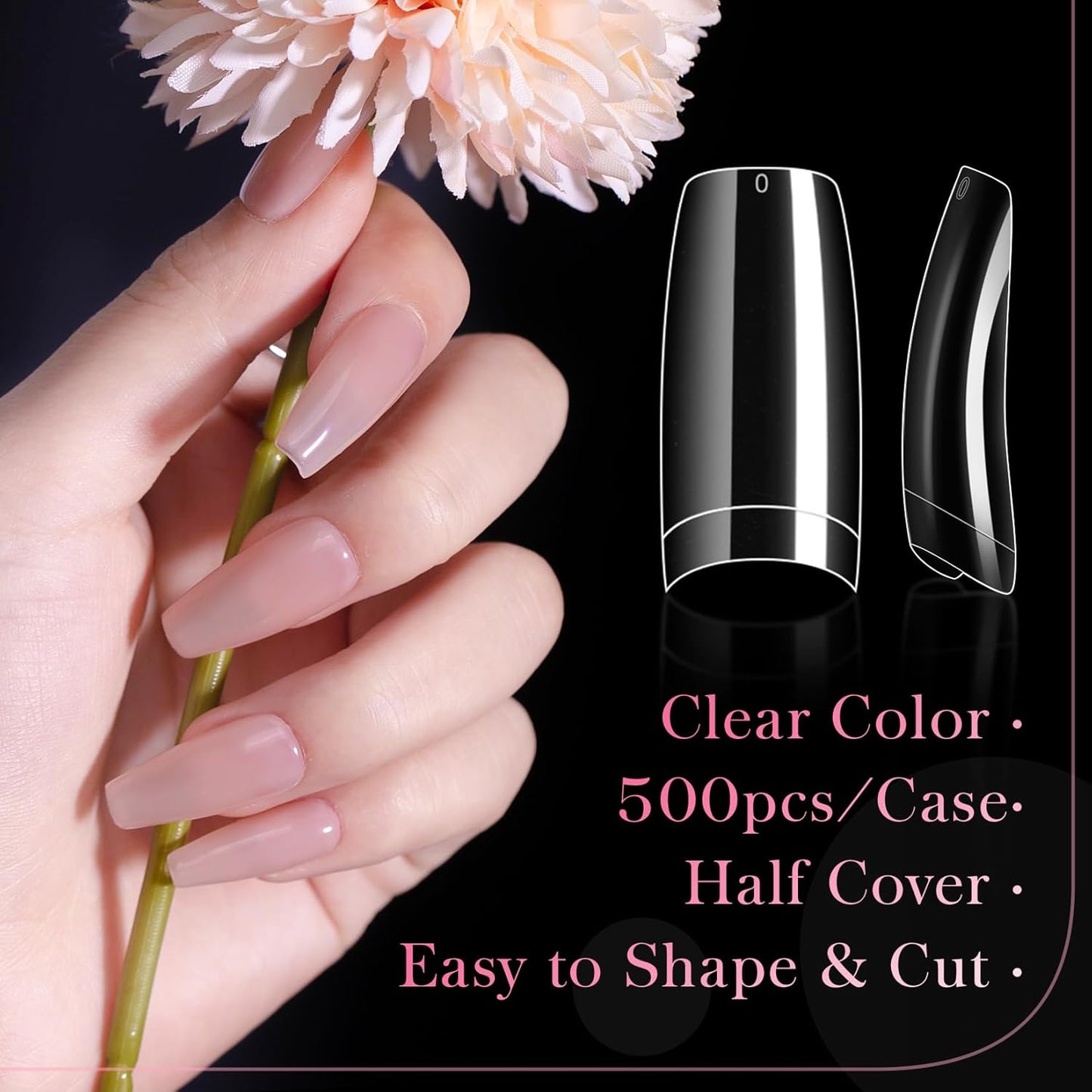 krofaue 500PCS Clear False Nails Tips - Half Cover Lady French Style Acrylic Artificial Tip Manicure with Box of 10 Sizes for Nail Tips Art Salons and Home DIY-Velvo Beauty