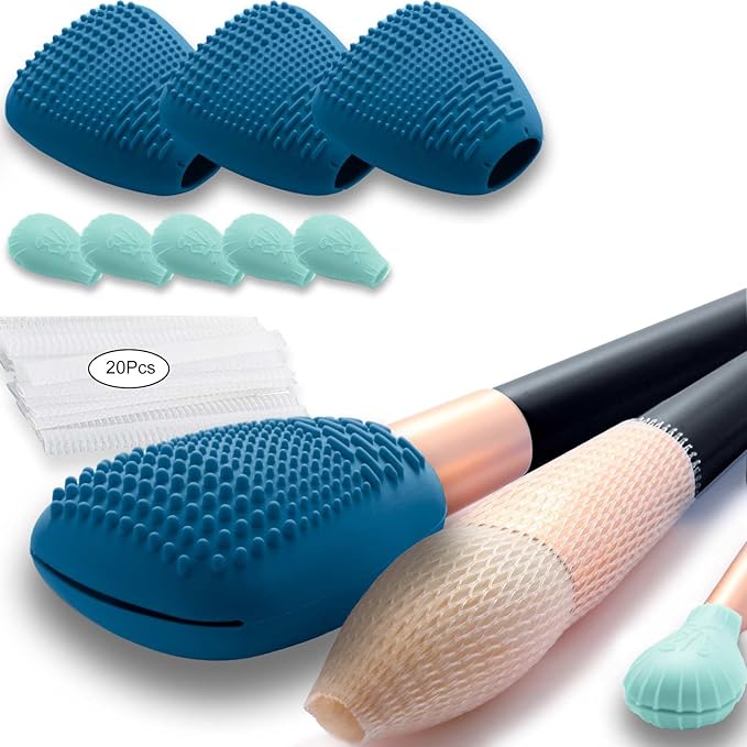 Silicone Travel Make-up Brush Holder with Cleaner Mat Pad, Organizer Case Covers for Foundation Eye Lip Brushes Storage Cleaning, Gift for Women Girl-Friend Mother Wife, 3-Pcs Large + 5 Small, Blue-Velvo Beauty