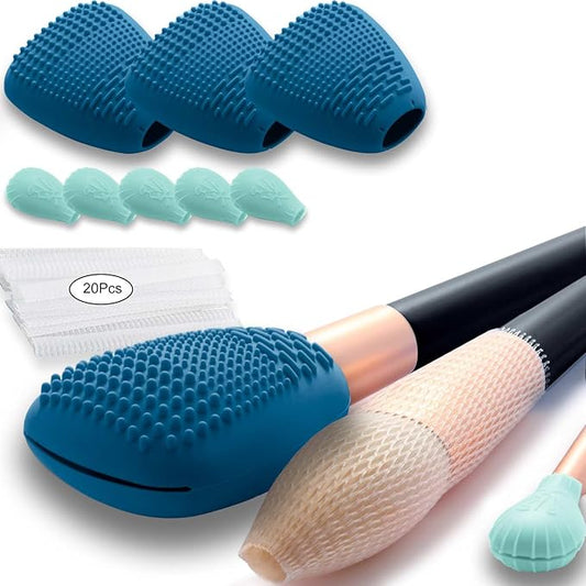Silicone Travel Make-up Brush Holder with Cleaner Mat Pad, Organizer Case Covers for Foundation Eye Lip Brushes Storage Cleaning, Gift for Women Girl-Friend Mother Wife, 3-Pcs Large + 5 Small, Blue-Velvo Beauty