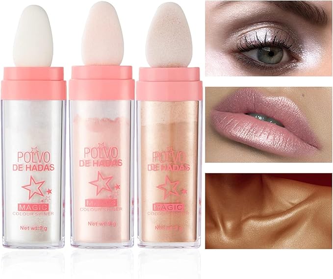3 Color Polvo De Hadas, Body Glitter Highlighter Powder Fairy Stick for Makeup Shimmer and Shine High Gloss Blush Contour Powder Makeup - Sparkle Patting for Hair Face Eyes Body-Velvo Beauty