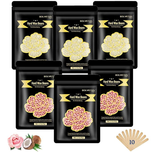 1.3Lb/21oz Hard Wax Beads for Hair Removal, Bouvetean Wax Beans for Bikini, Eyebrow, Face, Legs, Full Body Sensitive Skin Waxing with 10pcs Wax Spatulas (Pack of 6)-Velvo Beauty