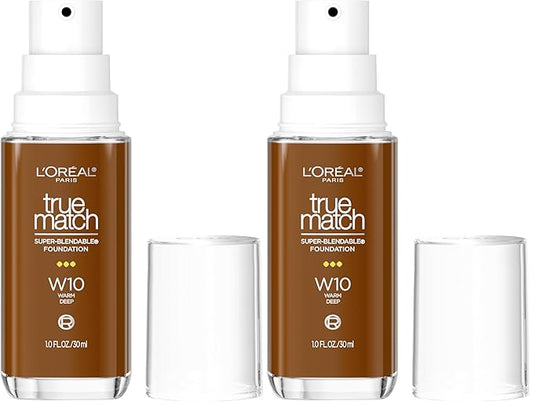 L’Oréal Paris True Match Super-Blendable Foundation, Medium Coverage Liquid Foundation Makeup with SPF 17, W10, Deep, 1 Fl Oz (Pack of 2)-Velvo Beauty