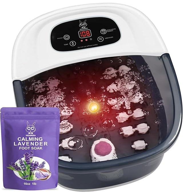 Foot Spa Bath Massager with Heat Bubbles and Vibration Massage and Jets, 16 OZ Calming Lavender Foot Soak Epsom Salt, Foot Soaker with Red Light, 22 Massage Rollers, Adjustable Temp - Grey-Velvo Beauty