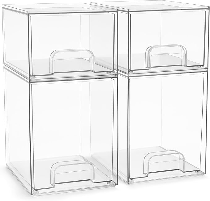 Sorbus Acrylic Storage Containers - 4 Pack, Stackable Storage Bins Set for Bathroom Organization - Clear Acrylic Drawer Organizers - Makeup Case Pull-Out Drawers (7.6’’ and 4.4’’ Tall)-Velvo Beauty