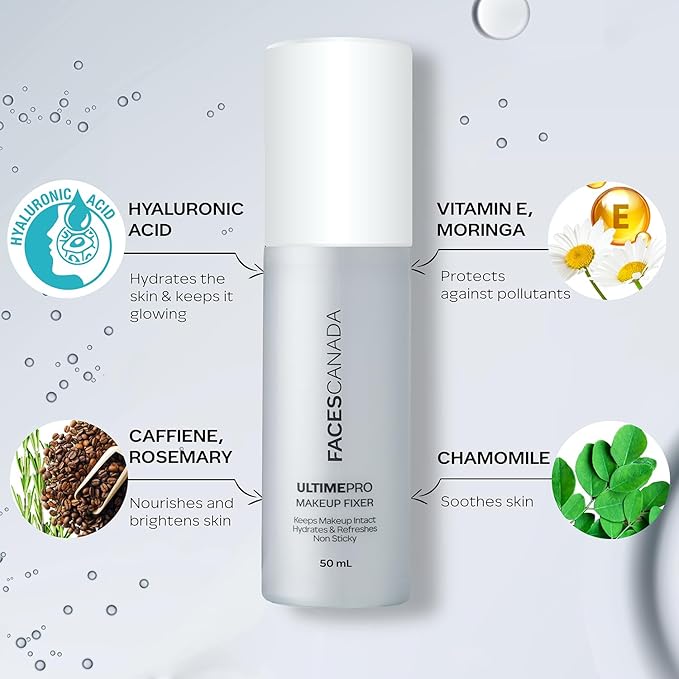 Faces Canada UltimePro Makeup Fixer Spray | Keeps Makeup Intact & Long-Lasting | Hydrating, Non-Sticky Mist for Fresh Finish | Lightweight & Refreshing | 1.69 Fl Oz (50ml)-Velvo Beauty