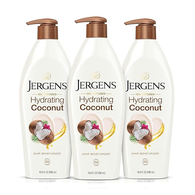 Jergens Hydrating Coconut Body Lotion, Hand and Body Moisturizer, Infused with Coconut Oil, Hydrates Dry Skin Instantly, Dermatologist Tested, 16.8 oz, Pack of 3-Velvo Beauty