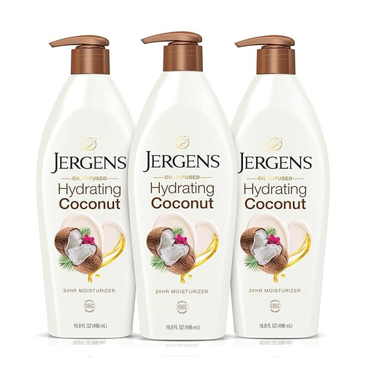 Jergens Hydrating Coconut Body Lotion, Hand and Body Moisturizer, Infused with Coconut Oil, Hydrates Dry Skin Instantly, Dermatologist Tested, 16.8 oz, Pack of 3-Velvo Beauty