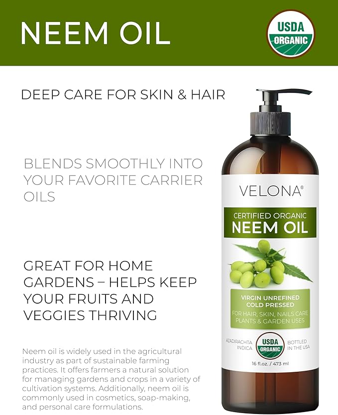velona Neem Oil USDA Certified Organic - 16 Fl Oz | 100% Pure and Natural Carrier Oil | Virgin, Unrefined, Cold Pressed | Hair, Body and Skin Care | Use Today - Enjoy Results-Velvo Beauty