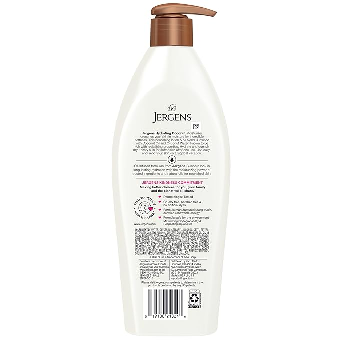 Jergens Hydrating Coconut Body Lotion, Hand and Body Moisturizer, Infused with Coconut Oil, Hydrates Dry Skin Instantly, Dermatologist Tested, 16.8 oz-Velvo Beauty
