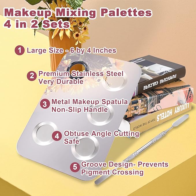 4 in 2 Set Makeup Mixing Palette, Makeup Palette for Foundation, Makeup Mixing Tray, Stainless Steel Mixing Tray with Spatula for Mixing Foundation Eye Shadow Nail Art, Makeup Foundation Mixing Tray-Velvo Beauty