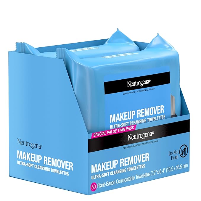 Neutrogena Makeup Remover Wipes, Ultra-Soft Cleansing Facial Towelettes for Waterproof Makeup, Alcohol-Free, Plant-Based, Twin Pack, 25 Count (Pack of 2)-Velvo Beauty