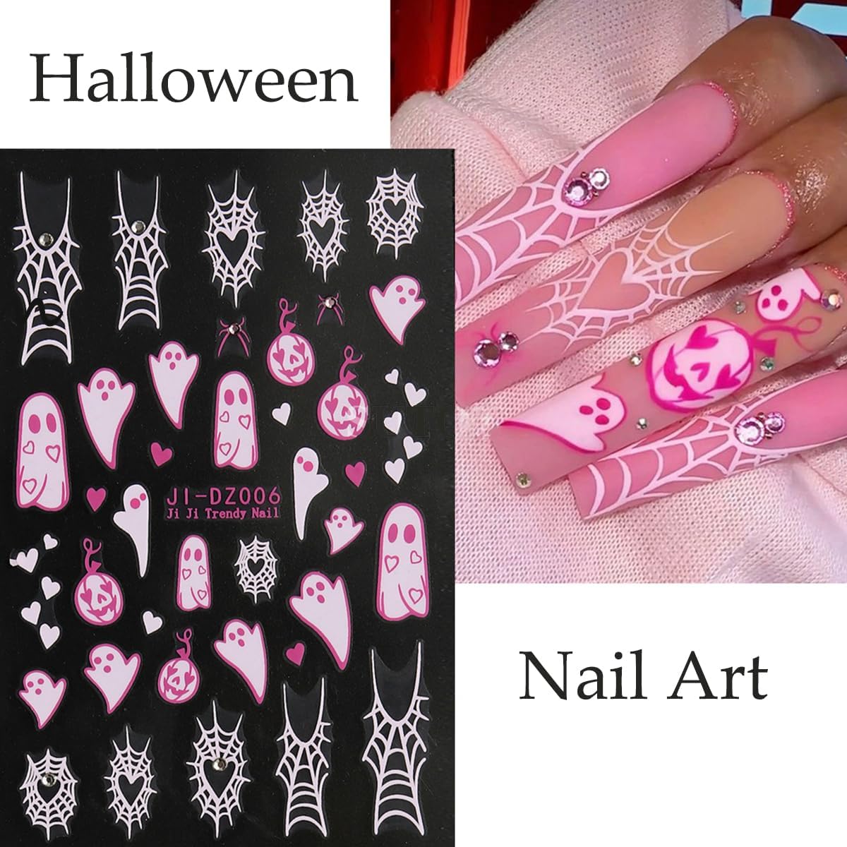 6Sheets Halloween Nail Stickers for Nail Art,3D Self-Adhesive Cute Ghost Spider Web Nail Decals with Rhinestones Design,Pink Pumpkin Spiders Skull Nail Art Stickers for Women Girls DIY Nail Decoration-Velvo Beauty