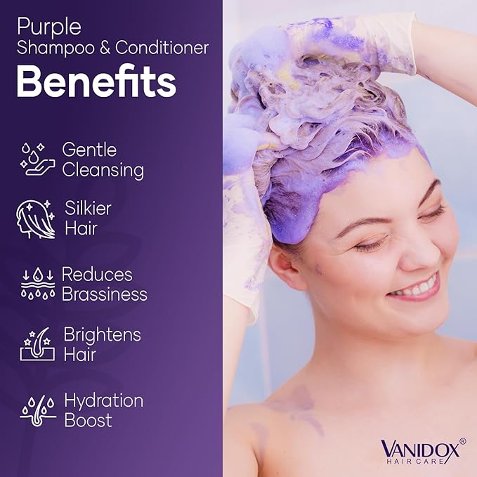 Sulfate Free Brass Toning Purple Shampoo and Conditioner Set for Grey and Silver Hair, Moisturizing & Color-Safe, Enhances Shine & Brightness, Made in USA (16 fl oz each)-Velvo Beauty