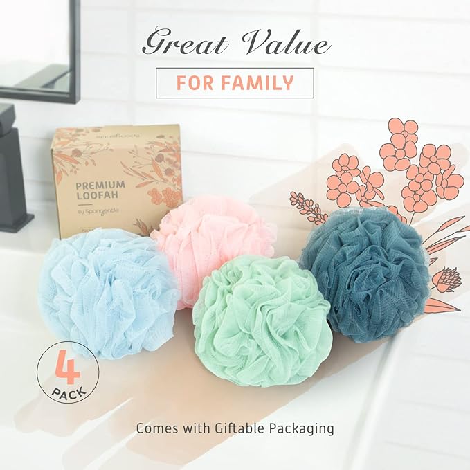 Spongentle Premium Deep Cleansing Loofah Sponge for Radiant Skin, Pack of 4, Bath and Shower, Exfoliating Body Scrubber, Beautiful Colors for Women and Men-Velvo Beauty