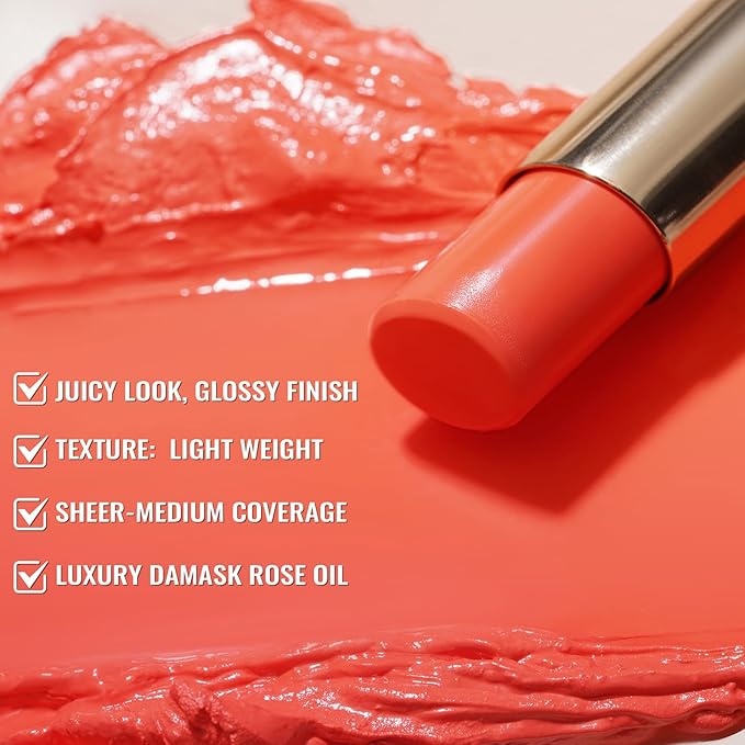 Oulac Moisturizing Shine Orange Red Lipstick for Women - 2 in 1 Orange Red Glossy Tinted Lip Balm, Hydrating Winter Lipstick for Dry Lips,Shine Juicy Finish Vegan 2.2g/0.07oz (12)-Velvo Beauty