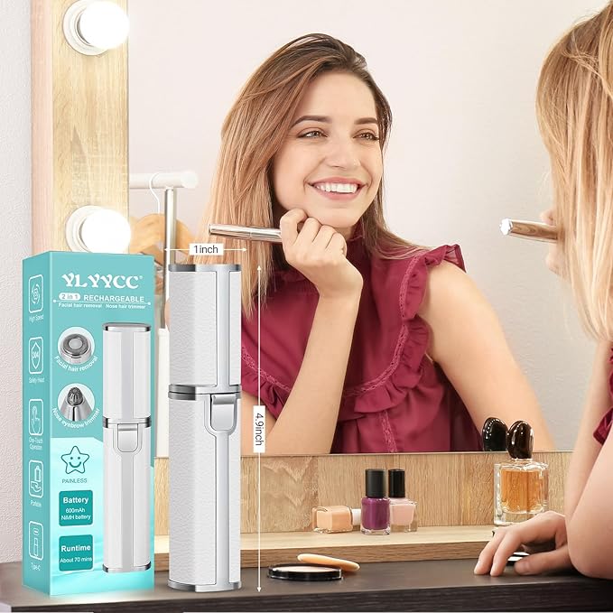 Nose Hair Trimmer for Women Men, Electric 2 in 1 Face Shaver and Eyebrow Trimmer, White Rechargeable Facial Hair Remover with Built-in LED Light-Velvo Beauty