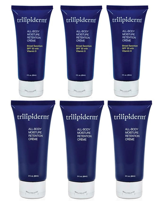 Trilipiderm 3 x All-Body Moisture Retention Creme 3x and All-Body Moisture Retention with Spf 30 Broad Spectrum 3oz size Travel Size 6-pack Sets - Air Travel, Gift, Purses, Gym Bag Lotion-Velvo Beauty
