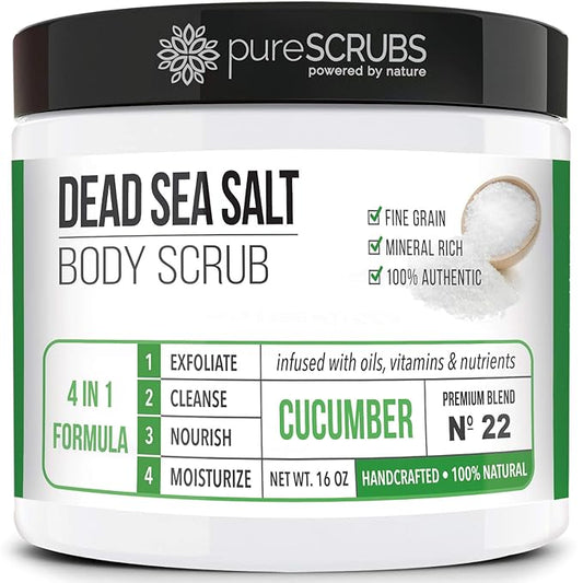 pureSCRUBS Premium Cucumber Body Scrub Set - Large 16oz Dead Sea Salt Body Scrub for Women Exfoliation KP Bump Eraser Body Scrub Includes Wooden Spoon, Loofah & Soap-Velvo Beauty
