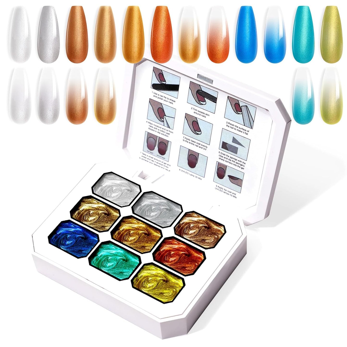 Gradient Painting Gel, 9 Colors Ombre Gel Nail Polish Gold Silver Metallic Effect Pigment Pat Aura Nails French Manicure Soak Off UV Long-lasting Home Salon DIY Nail Art Satin Metal(01)-Velvo Beauty