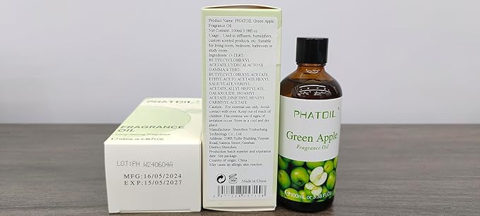 PHATOIL 3.38FL.OZ Green Apple Fragrance Oils for Aromatherapy, Essential Oils for Diffusers for Home, Perfect for Diffuser, Yoga, DIY Candle and Soap Making - 100ml