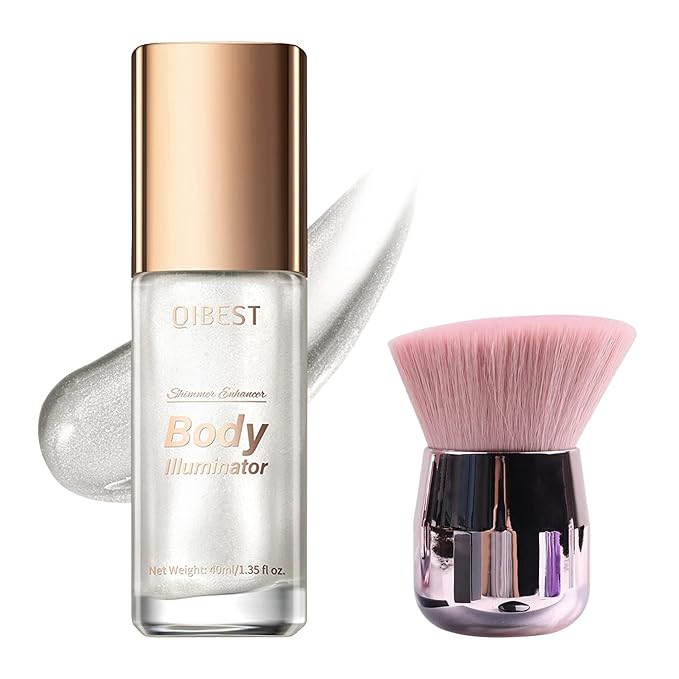 40ml Body Shimmer Oil,Face and Body Liquid Luminizer,Smooth Body Shimmer Oil For Sunshine Bath, Waterproof Moisturizing Light Shimmer Glow Illuminator,Liquid Highlighter Makeup,Makeup Brush Include (1#-Silver)-Velvo Beauty