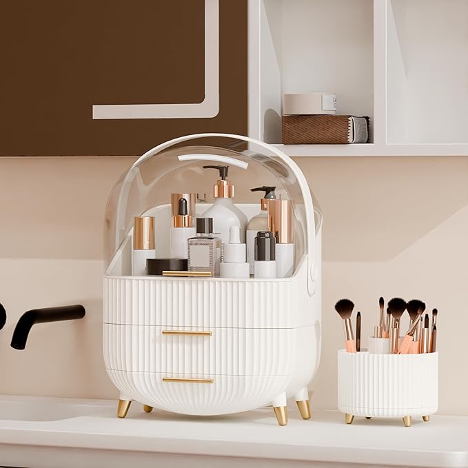 Makeup Organizers and Storage Make up Organizer for Vanity Cosmetics Skincare With Lid and Drawers Display Cases for Countertop Bathroom Women Teenager Girl Gifts(White+Brush Holder)-Velvo Beauty