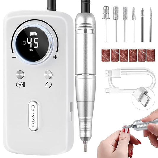 CozyZen Cordless Nail Drill Professional: 45000 RPM Rechargeable Electric Nail File Kit, Portable & Low Noise for Acrylic, Gel Nails, Manicure & Pedicure - Salon & Home Use-Velvo Beauty