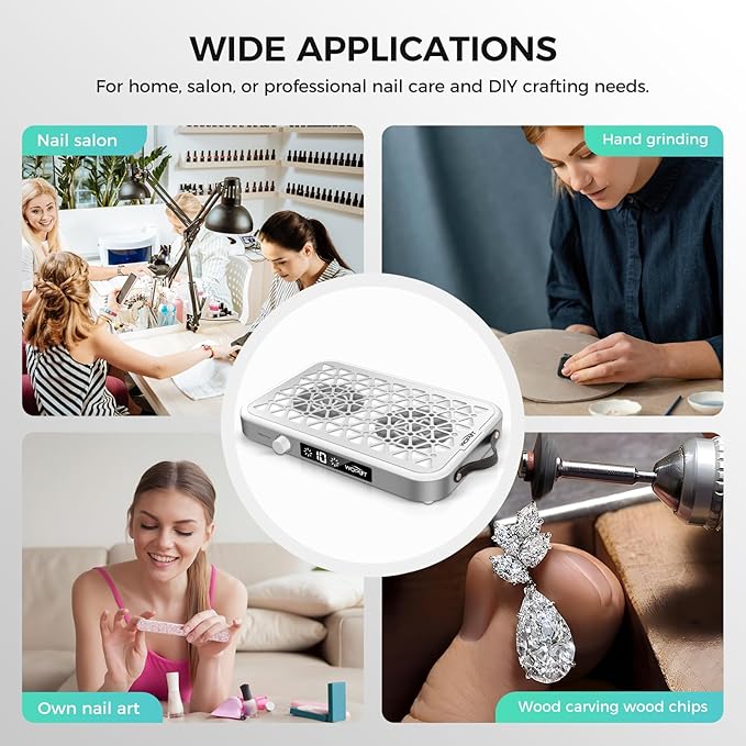 Professional Nail Dust Collector, 1600PA Portable, 10 Speeds, Disposable Filter Papers (30 Pcs), Matte White, Modern, Lightweight, Nail Vacuum for Home & Salon-White-Velvo Beauty