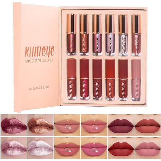 12Pcs Liquid Lipstick Makeup Set, Shades with 4Pcs Metallic Color Lipstick, 4Pcs Hydrating Lip Oil and 4Pcs Longwear Waterproof Matte Lipstick Gift Kit for Women (SET C)-Velvo Beauty