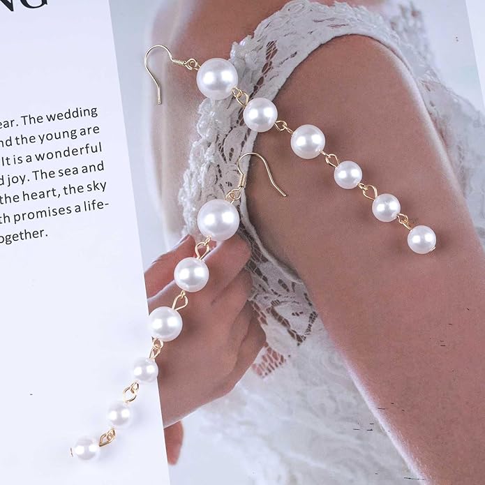 Boho Long Pearl Drop Earrings Vintage Gold Tassel Pearl Dangle Earrings Statement Pearl Chain Drop Dangle Earrings Wedding Prom Bridal Pearl Hook Earrings Jewelry for Women-Velvo Beauty