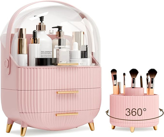 Makeup Organizers and Storage Make up Organizer for Vanity Cosmetics Skincare With Lid and Drawers Display Cases for Countertop Bathroom Women Teenager Girl Gifts(Pink+Brush Holder)-Velvo Beauty