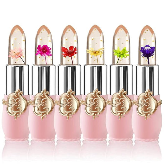 6 Pcs/Set Flower Jelly Lipstick Set Temperature Change Moisturizer Long Lasting Nutritious Balm Magic Color Change Lip Gloss-Velvo Beauty