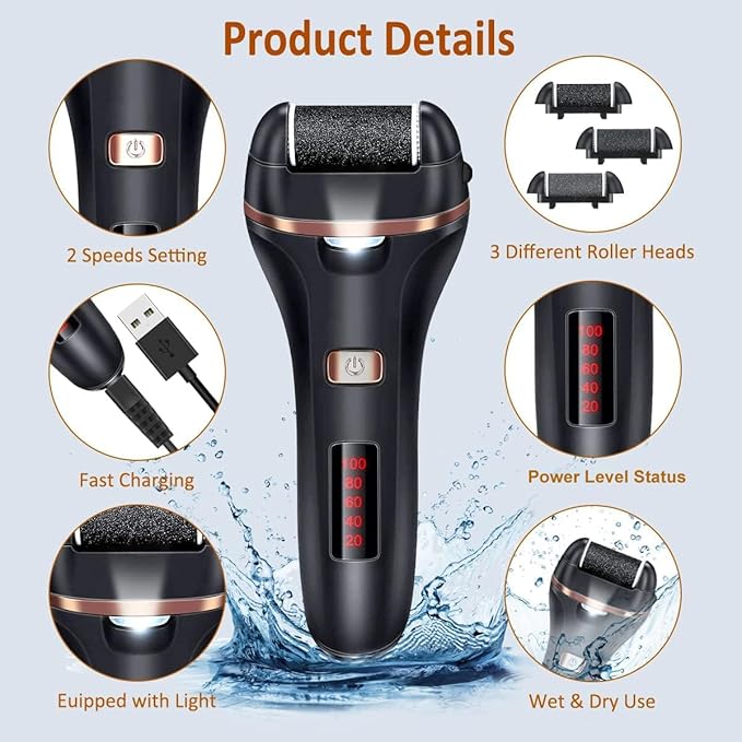 Electric Callus Remover for Feet,Rechargeable Foot File Hard Skin Remover,Waterproof 14 in1 Professional Pedicure Kit for Cracked Heels &Dead Skin,with 3 Roller Heads 2 Speed-Velvo Beauty