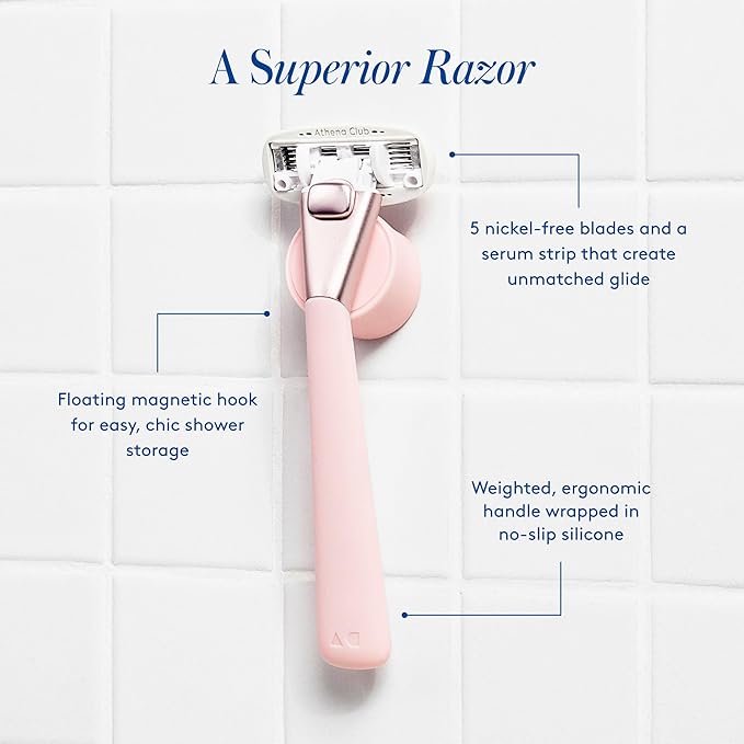 Women's Razor Shave Kit, 1 Rose Razor Handle + 6 Blade Refills + Super Pink Glossy Shave Oil-Velvo Beauty