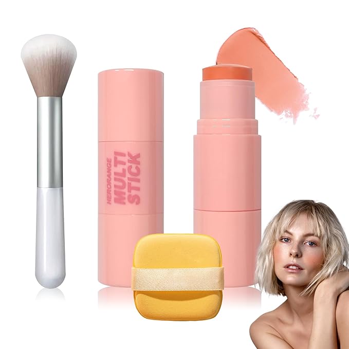 Cream Blush Stick with Brush and Makeup Sponge,Waterproof Multi Cream Makeup Stick,Lightweight,Long-lasting,2 in 1 Multi Blush for Cheeks & Lip Tint & Eyeshadow P-Velvo Beauty