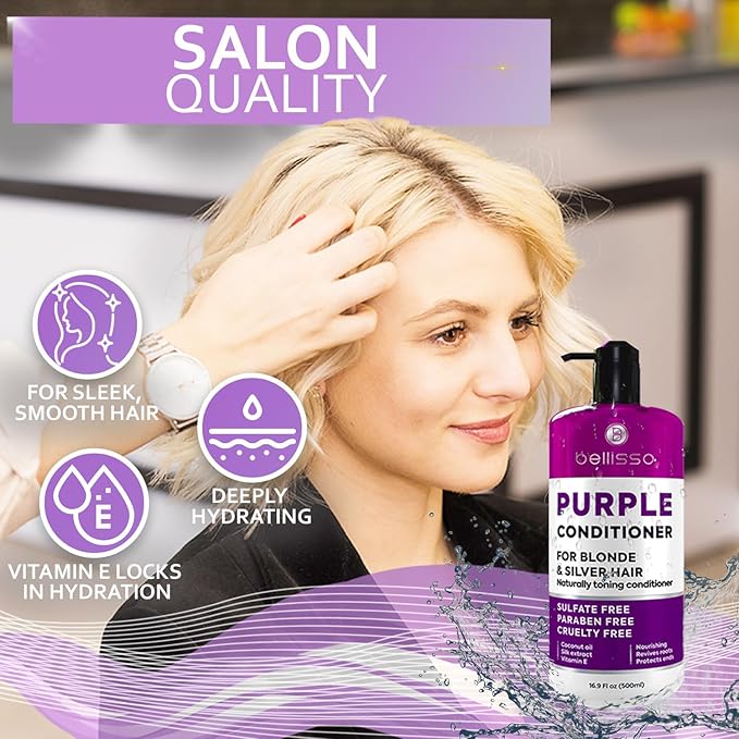 Purple Conditioner for Blonde Hair - Sulfate and Paraben Free Toner - No More Orange and Yellow Brassy Tones - More Balance for Color Treated, Bleached, Silver, White and Gray Hair - Women and Men-Velvo Beauty