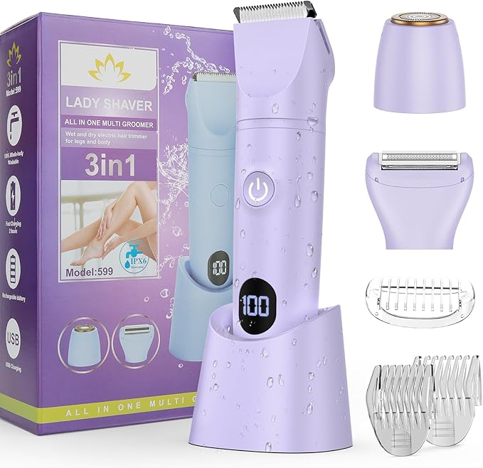 Bikini Trimmer Electric Razors for Women,3 in 1 Body Hair Removal Kit for Face,Pubic,Arm, Leg, Armpit, Bikini Trimmer,Painless IPX6 Waterproof Rechargeable Portable Lady Shavers Wet & Dry Gifts-Velvo Beauty