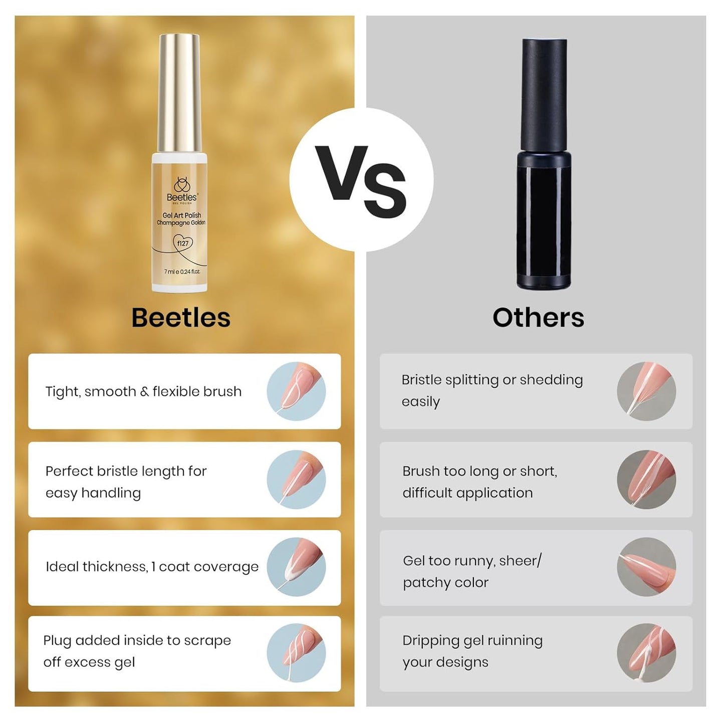 Beetles Metallic Gold Gel Liner 7ml French Tip Gel Polish 3D Mirror Chrome Effect Metal Painted Nail Polish Build in Thin Brush French Swirl Line Nail Art Soak off Uv Lamp Manicure Salon-Velvo Beauty