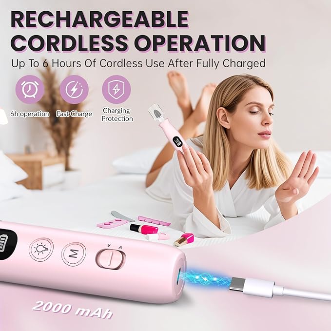 Electric Nail Drill, Cordless 2000 mAh Rechargeable Portable Nail File 12 in 1 Kit for Thick Toenails, 10 Speeds Nail Dril Machine Professional Manicure Pedicure for Hand Natural Nails Care (Pink)-Velvo Beauty