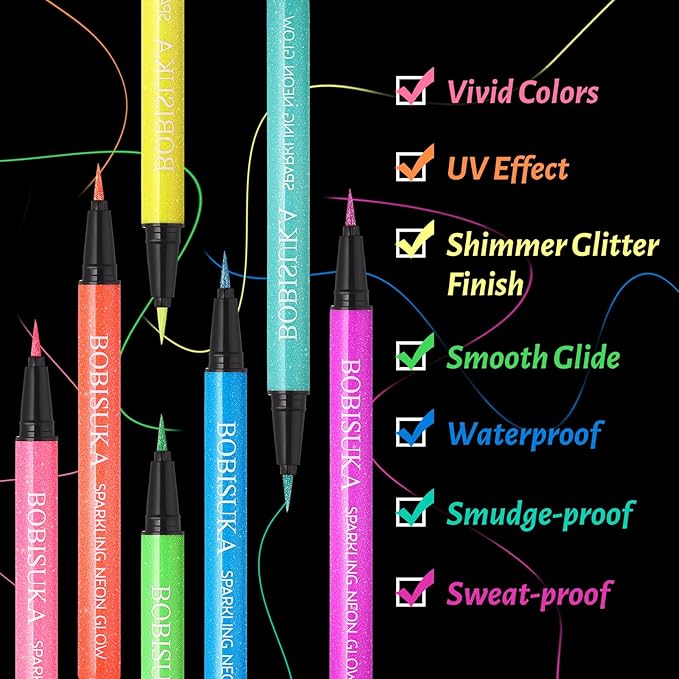 BOBISUKA UV Shimmer Glow Liquid Eyeliner Set, 7 Colors Glitter Neon Colored Eyeliners Pen, Colorful Waterproof Pigmented Graphic Liners, Metallic Eye Makeup Kit for Rave Accessories Party-Velvo Beauty