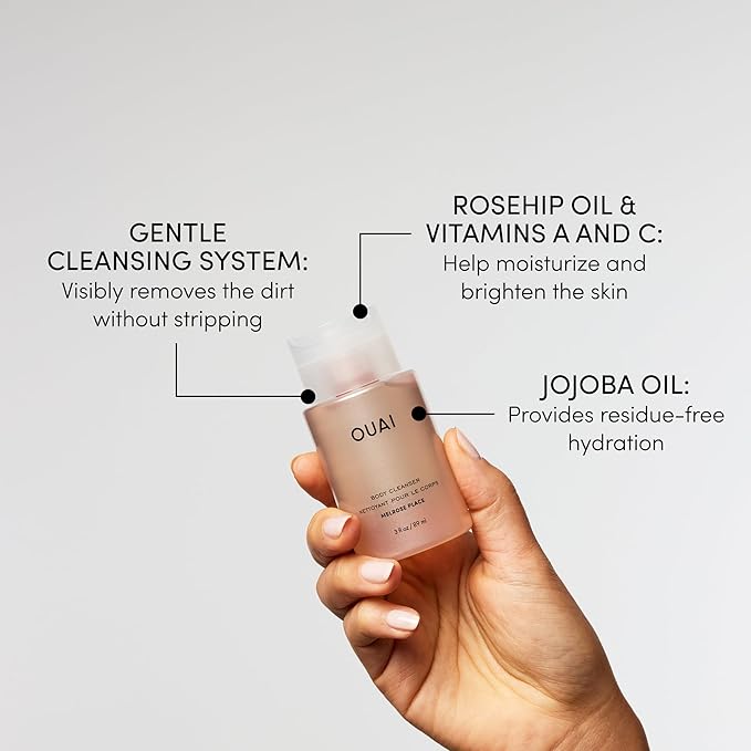 OUAI Body Cleanser Travel Size, Melrose Place - Foaming Body Wash with Jojoba Oil & Rosehip Oil to Hydrate, Balance & Soften Skin - Paraben, Phthalate, Sulfate Free Skin Care Products (3 Fl Oz)-Velvo Beauty