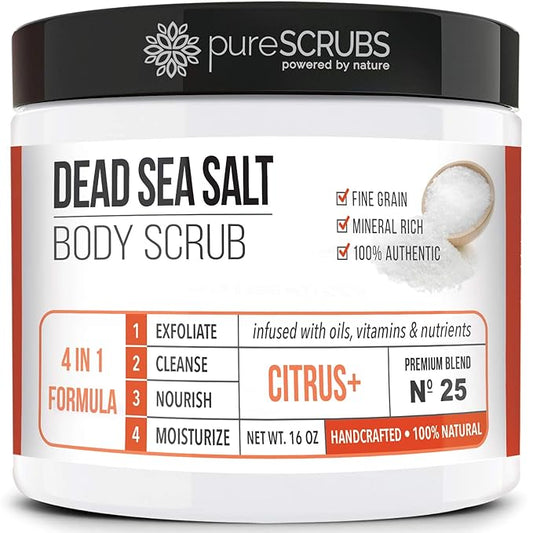 pureSCRUBS Premium Citrus Body Scrub Set - Large 16oz Dead Sea Salt Body Scrub With Infused Essential Oils & Nutrients, Includes Wooden Spoon, Loofah & Oatmeal Exfoliating Bar Soap-Velvo Beauty