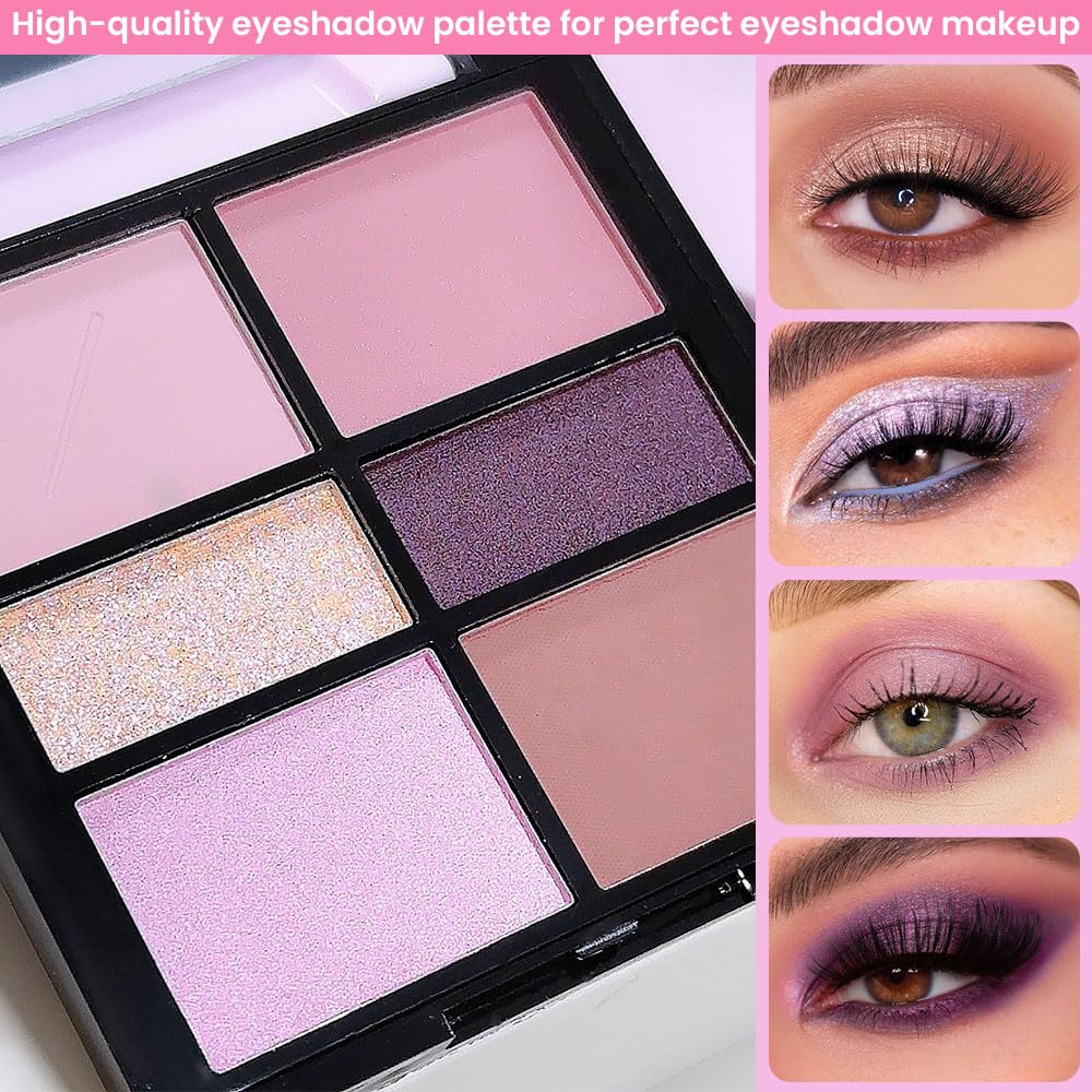6-Color Pink Champange Purple Matte & Shimmer Eyeshadow Palette with Mirror – Highly Pigmented, Long-Lasting Eye Makeup for Artists & Creative Looks (03#)-Velvo Beauty