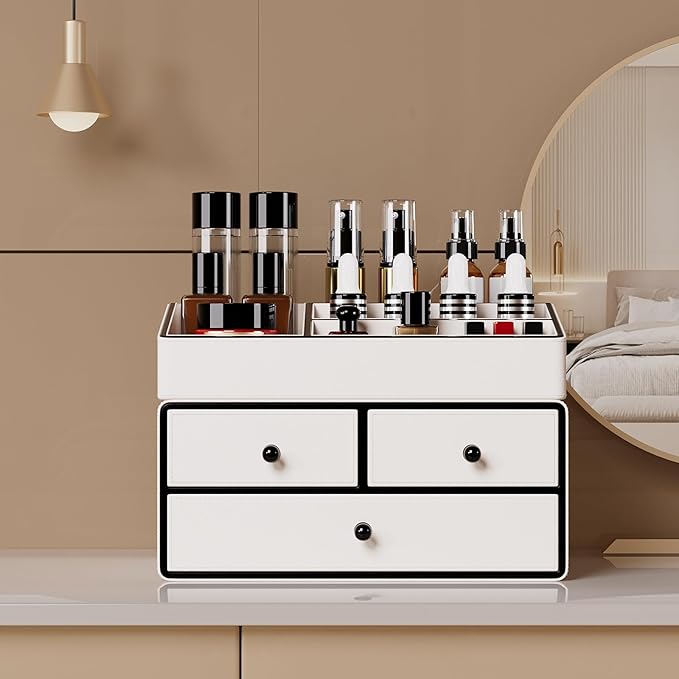 GORESE Leather Makeup Organizer with Drawers for Vanity, Stackable Skincare Holder Dresser Organizer Countertop, Make Up Storage Organizers Counter Cosmetic Display Case Gifts for Women(Cream White)-Velvo Beauty
