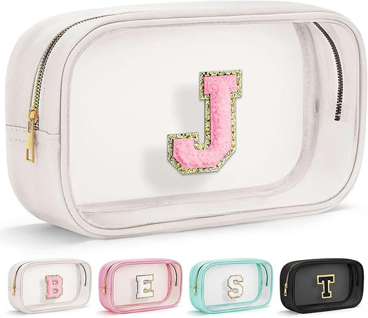 YOOLIFE Initial Make Up Bag Travel Toiletry Bag, Clear Makeup Bag Preppy Cosmetic Bags Organizer Travel Essentials Gifts for Women Teen Girlfriend Teacher Mom Brithday Mothers Day Gifts, Large, White-Velvo Beauty