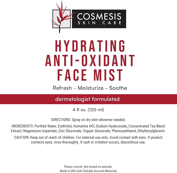 Cosmesis Hydrating Anti-Oxidant Face Mist - Refresh, Moisturize & Soothe Dry Skin, Tea Blend & Vitamins A/D - 4 fl oz-Velvo Beauty
