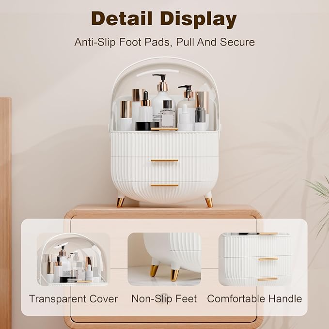 Makeup Organizers and Storage, Make up Organizer for Vanity Cosmetics Skincare Organizers With Lid and Drawers Display Cases for Countertop(White)-Velvo Beauty
