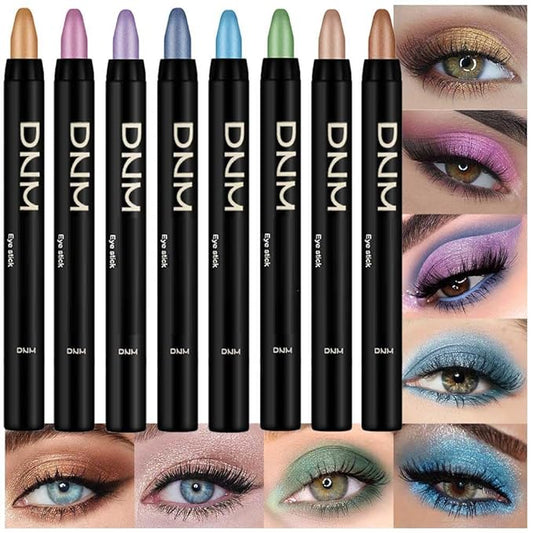 8Pcs Glitter Eye Shadow Sticks Liner Pencils Makeup Set, Desert Mocha Beige Gold Light Purple Pink Sky Dazzling Blue Geen Glitter Shimmer Eyeliner Pencil Cream Eyeshadow Palette Makeup for Older Women-Velvo Beauty